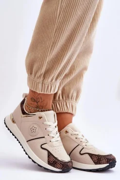 Buty Sportowe Na Platformie|Sneakersy Damskie></noscript>Boto Modne Skórzane Buty Sportowe Beżowo-Brązowe Rachel
