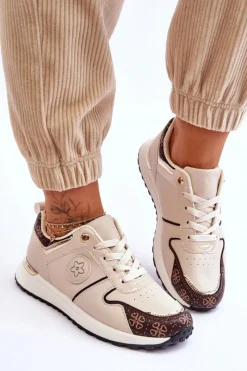 Buty Sportowe Na Platformie|Sneakersy Damskie></noscript>Boto Modne Skórzane Buty Sportowe Beżowo-Brązowe Rachel