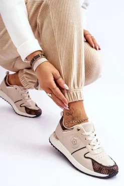 Buty Sportowe Na Platformie|Sneakersy Damskie></noscript>Boto Modne Skórzane Buty Sportowe Beżowo-Brązowe Rachel