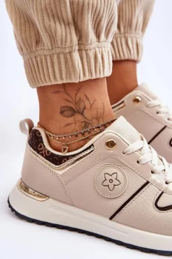 Buty Sportowe Na Platformie|Sneakersy Damskie></noscript>Boto Modne Skórzane Buty Sportowe Beżowo-Brązowe Rachel