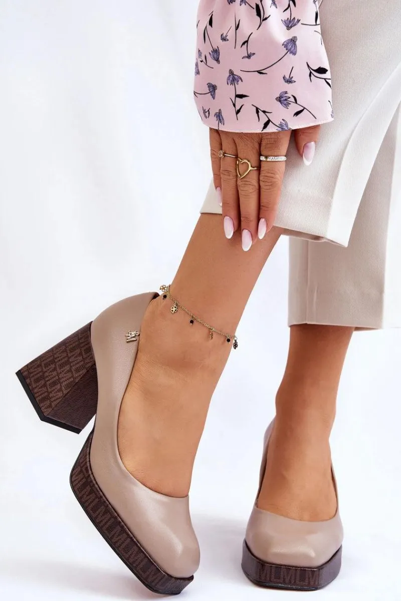 Czółenka Na Platformie|Czółenka Na Słupku>Laura Messi Modne Skórzane Czółenka 2599 Beżowe