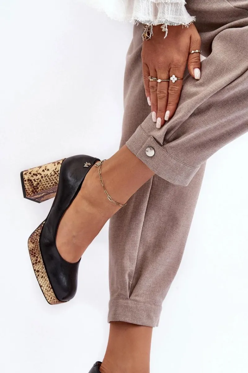 New Modne Skórzane Czółenka 2599 Czarne Damskie Czółenka Na Platformie|Czółenka Na Słupku