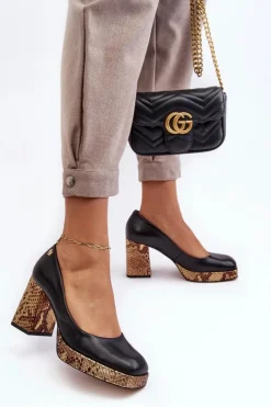 New Modne Skórzane Czółenka 2599 Czarne Damskie Czółenka Na Platformie|Czółenka Na Słupku