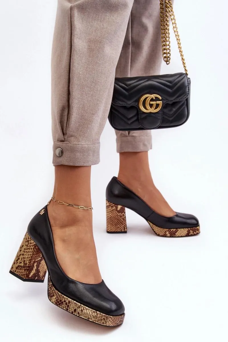 New Modne Skórzane Czółenka 2599 Czarne Damskie Czółenka Na Platformie|Czółenka Na Słupku