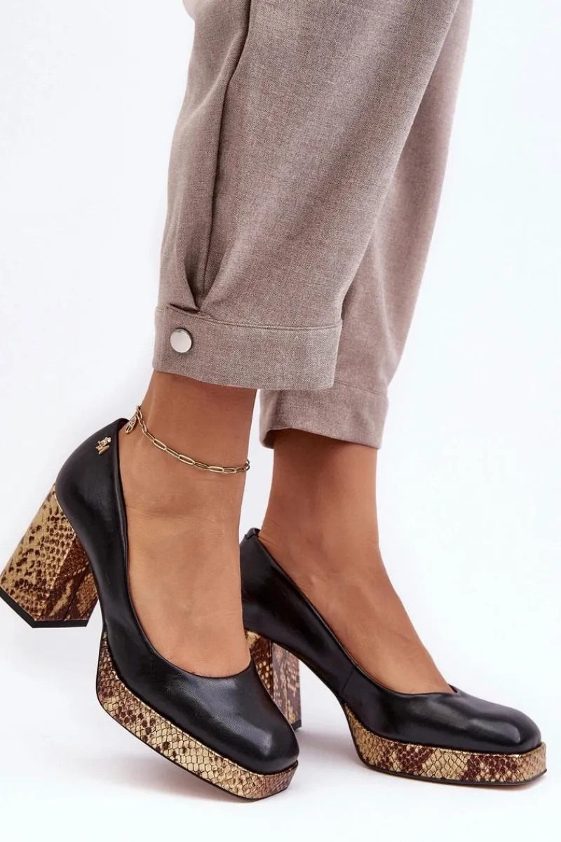 New Modne Skórzane Czółenka 2599 Czarne Damskie Czółenka Na Platformie|Czółenka Na Słupku