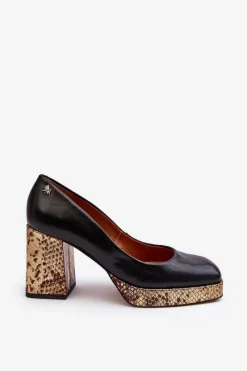 New Modne Skórzane Czółenka 2599 Czarne Damskie Czółenka Na Platformie|Czółenka Na Słupku