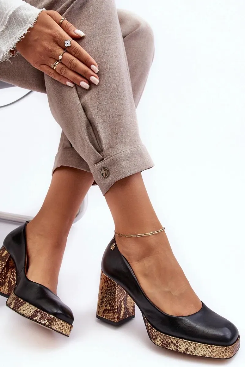 New Modne Skórzane Czółenka 2599 Czarne Damskie Czółenka Na Platformie|Czółenka Na Słupku