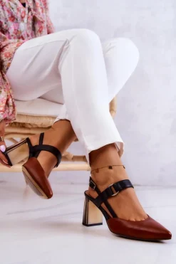 Czółenka Na Słupku|Czółenka Klasyczne>Maciejka Modne Skórzane Czółenka 05498-29 Brązowo-Czarne