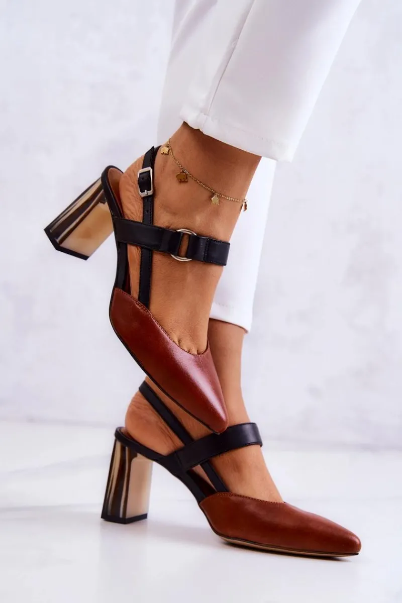 Czółenka Na Słupku|Czółenka Klasyczne>Maciejka Modne Skórzane Czółenka 05498-29 Brązowo-Czarne