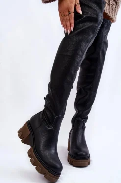 Sale Boto Modne Skórzane Damskie Kozaki Za Kolano Czarne Lemar Venise