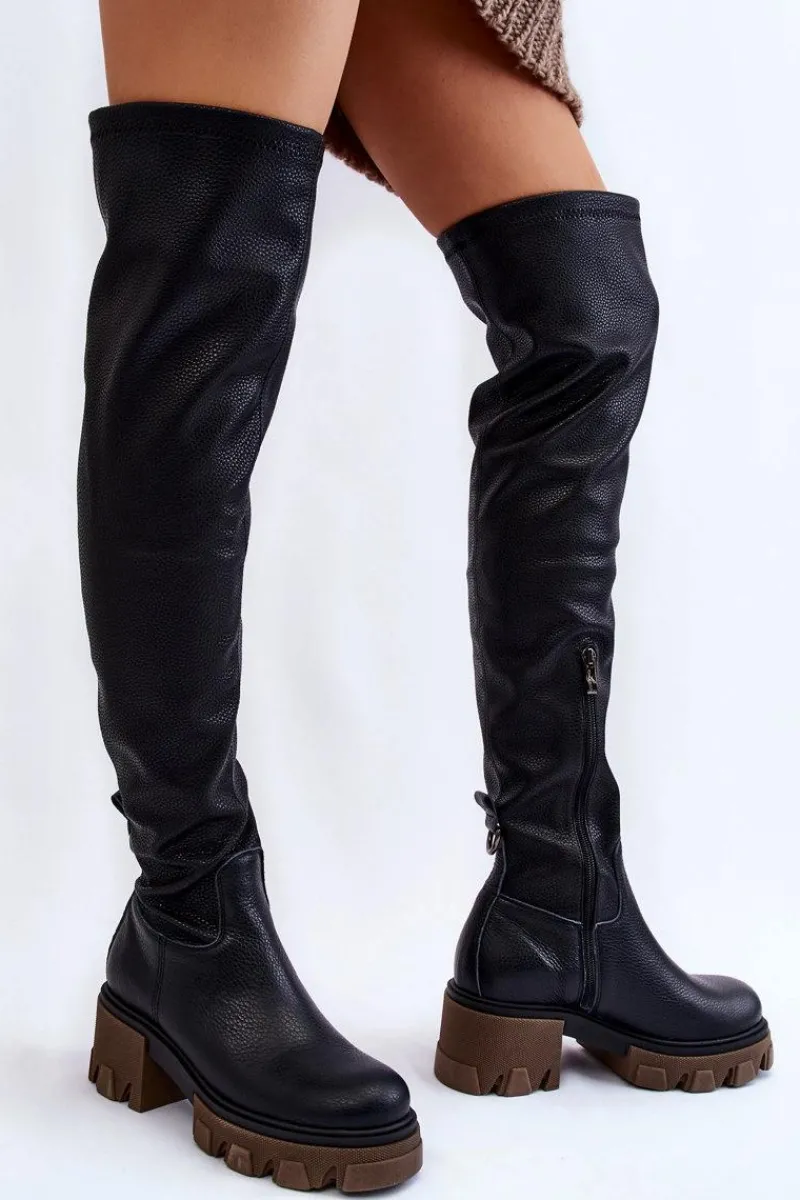 Sale Boto Modne Skórzane Damskie Kozaki Za Kolano Czarne Lemar Venise