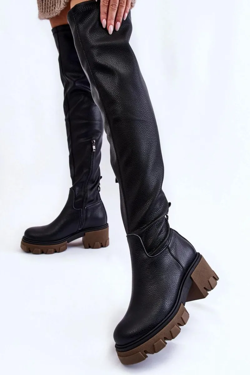 Sale Boto Modne Skórzane Damskie Kozaki Za Kolano Czarne Lemar Venise