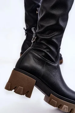 Sale Boto Modne Skórzane Damskie Kozaki Za Kolano Czarne Lemar Venise