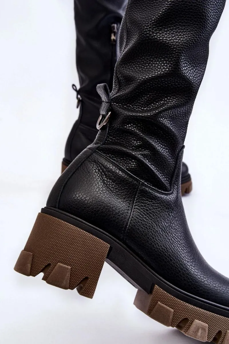 Sale Boto Modne Skórzane Damskie Kozaki Za Kolano Czarne Lemar Venise