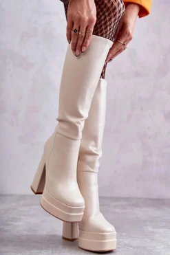 Kozaki Wiosenne|Kozaki Przed Kolano></noscript>Boto Modne Skórzane Kozaki Na Masywnym Obcasie Beżowe Meggie