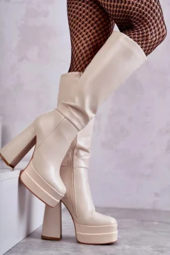 Kozaki Wiosenne|Kozaki Przed Kolano></noscript>Boto Modne Skórzane Kozaki Na Masywnym Obcasie Beżowe Meggie