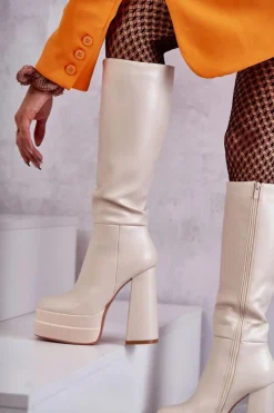 Kozaki Wiosenne|Kozaki Przed Kolano></noscript>Boto Modne Skórzane Kozaki Na Masywnym Obcasie Beżowe Meggie