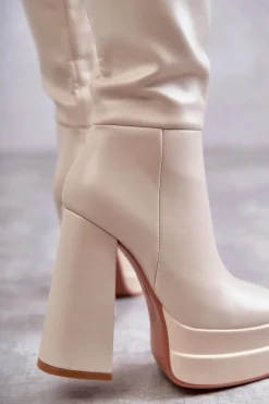 Kozaki Wiosenne|Kozaki Przed Kolano></noscript>Boto Modne Skórzane Kozaki Na Masywnym Obcasie Beżowe Meggie