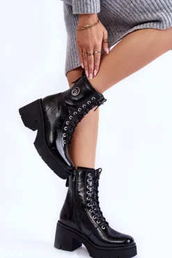 Botki Skórzane|Botki Sznurowane>Boto Modne Skórzane Ocieplane Botki Na Obcasie Czarne Illusion