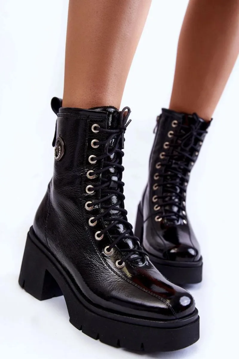 Botki Skórzane|Botki Sznurowane>Boto Modne Skórzane Ocieplane Botki Na Obcasie Czarne Illusion