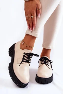 New Modne Skórzane Półbuty La.Fi 210013BE-PU Beżowe Damskie Półbuty Lakierowane