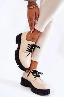 New Modne Skórzane Półbuty La.Fi 210013BE-PU Beżowe Damskie Półbuty Lakierowane