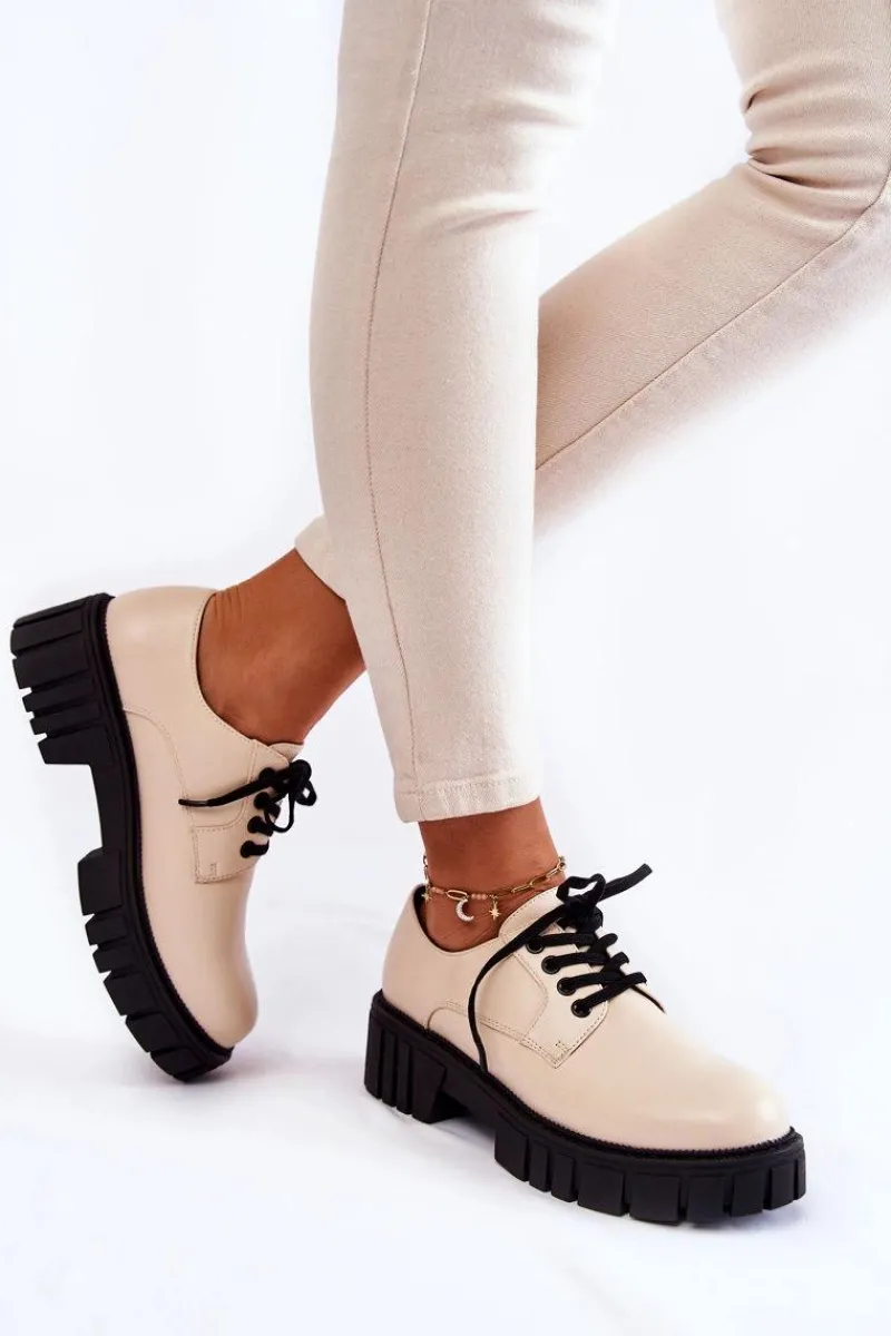 New Modne Skórzane Półbuty La.Fi 210013BE-PU Beżowe Damskie Półbuty Lakierowane