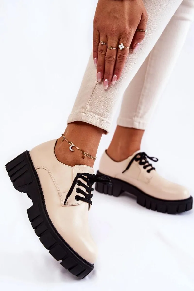 New Modne Skórzane Półbuty La.Fi 210013BE-PU Beżowe Damskie Półbuty Lakierowane