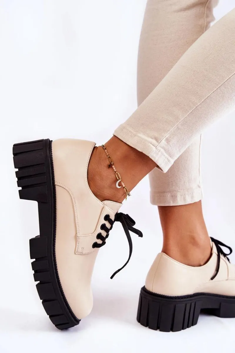 New Modne Skórzane Półbuty La.Fi 210013BE-PU Beżowe Damskie Półbuty Lakierowane