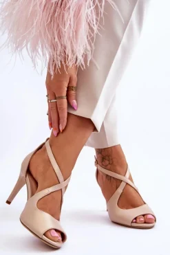 Buty Sergio Leone Modne Skórzane Sandałki Na Szpilce Sergio Leone SK429 Perłowe Beżowe