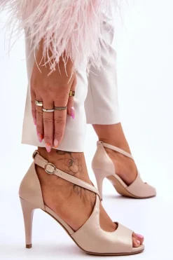 Buty Sergio Leone Modne Skórzane Sandałki Na Szpilce Sergio Leone SK429 Perłowe Beżowe