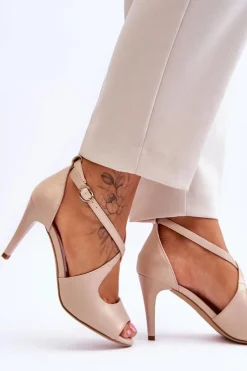 Buty Sergio Leone Modne Skórzane Sandałki Na Szpilce Sergio Leone SK429 Perłowe Beżowe