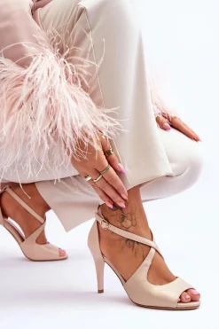 Buty Sergio Leone Modne Skórzane Sandałki Na Szpilce Sergio Leone SK429 Perłowe Beżowe