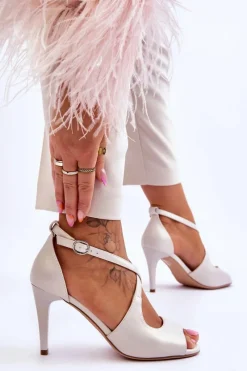 Outlet Buty Sergio Leone Modne Skórzane Sandałki Na Szpilce Sergio Leone SK429 Perłowe Jasnobeżowe