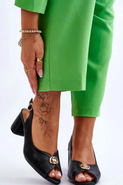 Discount Modne Skórzane Sandały Na Obcasie Czarne Hette Damskie Sandały Na Obcasie