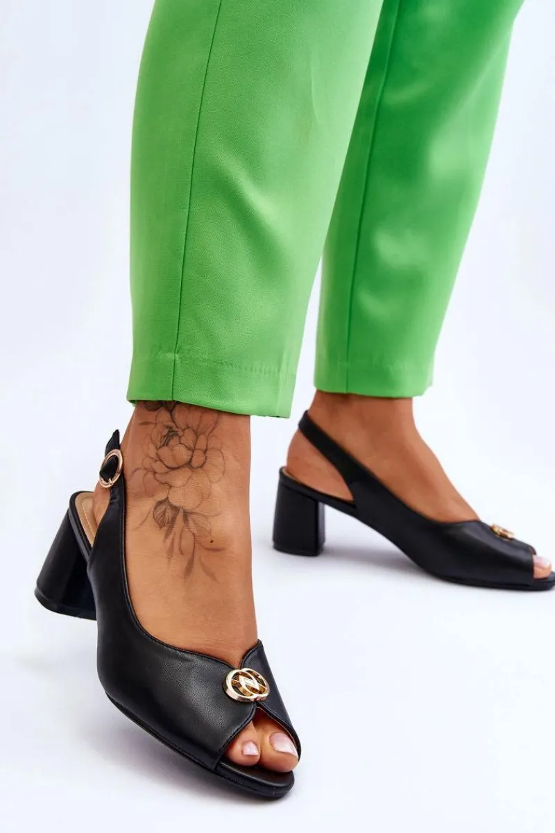 Discount Modne Skórzane Sandały Na Obcasie Czarne Hette Damskie Sandały Na Obcasie