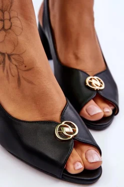 Discount Modne Skórzane Sandały Na Obcasie Czarne Hette Damskie Sandały Na Obcasie