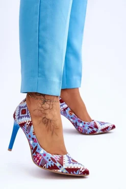 Best Modne Skórzane Szpilki Lewski Shoes 2659 Niebiesko-Czerwone Damskie Czółenka Klasyczne