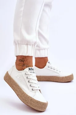 Trampki Damskie Niskie></noscript>Lee Cooper Modne Trampki Z Plecionką LCW-23-31-1796L Białe