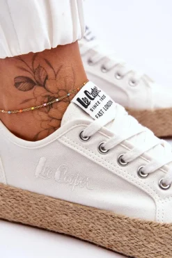 Trampki Damskie Niskie></noscript>Lee Cooper Modne Trampki Z Plecionką LCW-23-31-1796L Białe