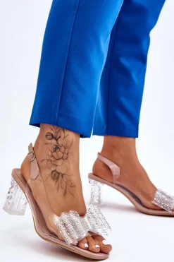 New Modne Transparentne Sandały Z Kokardą Nude Ariella Damskie Sandały Na Obcasie