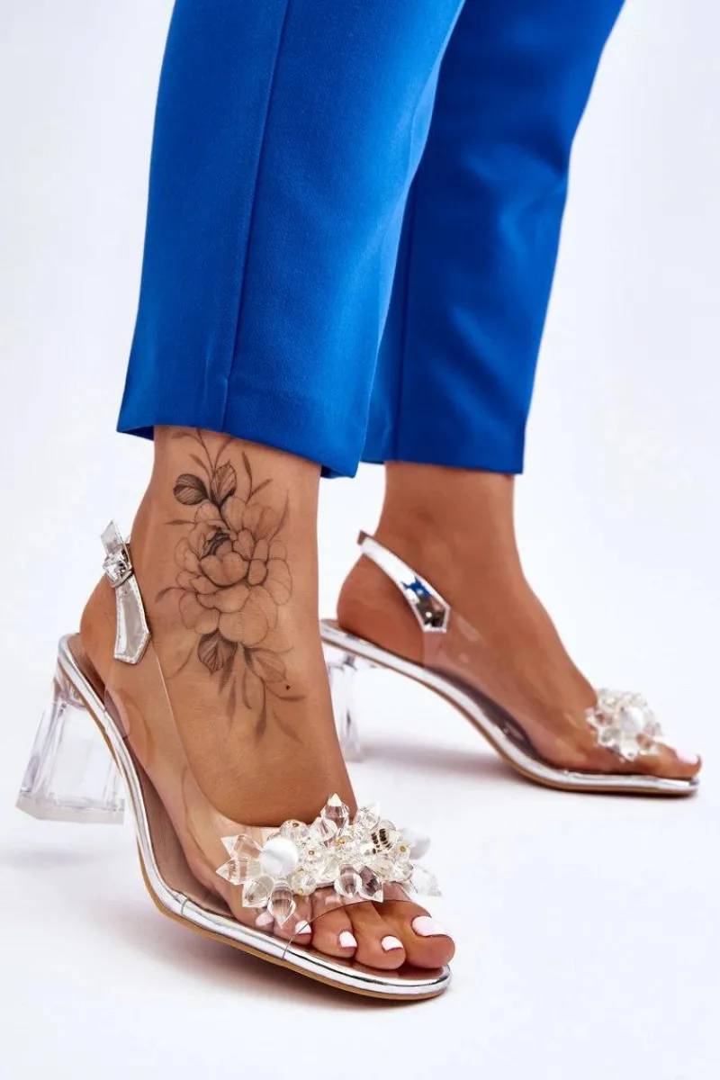 Sandały Na Obcasie>Damskie buty S.Barski Modne Transparentne Sandałki Z Ozdobami Srebrne Carmelo