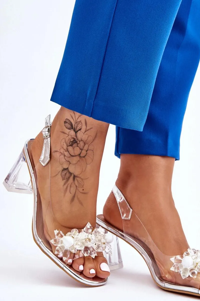 Sandały Na Obcasie>Damskie buty S.Barski Modne Transparentne Sandałki Z Ozdobami Srebrne Carmelo