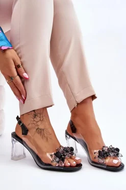 Online Damskie buty S.Barski Modne Transparentne Sandałki Z Ozdobami Czarne Carmelo