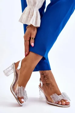 Sandały Na Obcasie>Damskie buty S.Barski Modne Transparentne Sandały Z Kokardą Srebrne Ariella