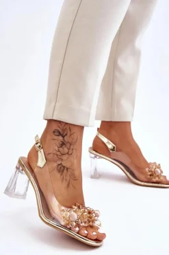 Outlet Modne Transparentne Sandałki Z Ozdobami Złote Carmelo Damskie Sandały Na Obcasie