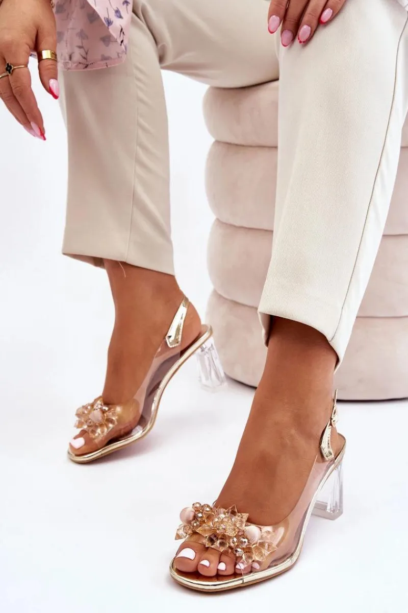 Outlet Modne Transparentne Sandałki Z Ozdobami Złote Carmelo Damskie Sandały Na Obcasie