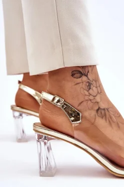 Outlet Modne Transparentne Sandałki Z Ozdobami Złote Carmelo Damskie Sandały Na Obcasie