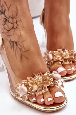 Outlet Modne Transparentne Sandałki Z Ozdobami Złote Carmelo Damskie Sandały Na Obcasie