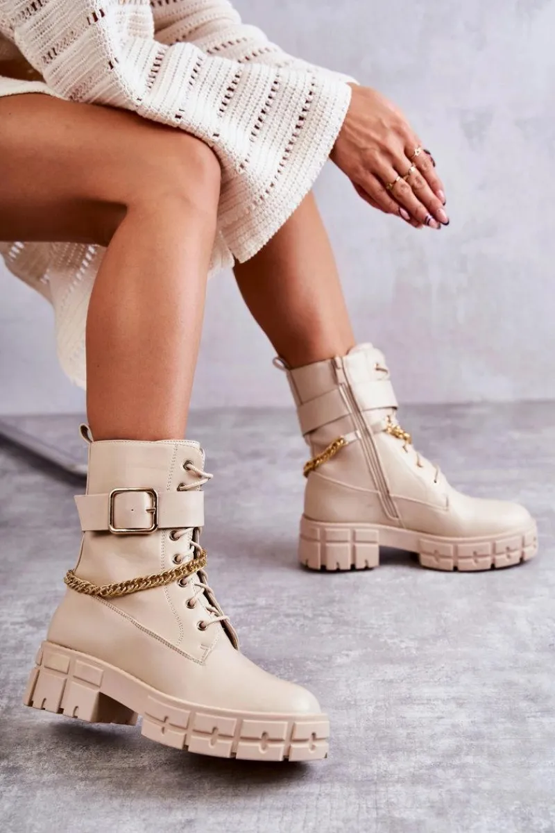 Best Modne Workery Botki Z Łańcuchem Beżowe Solesso Damskie Botki Sznurowane|Czarne Botki